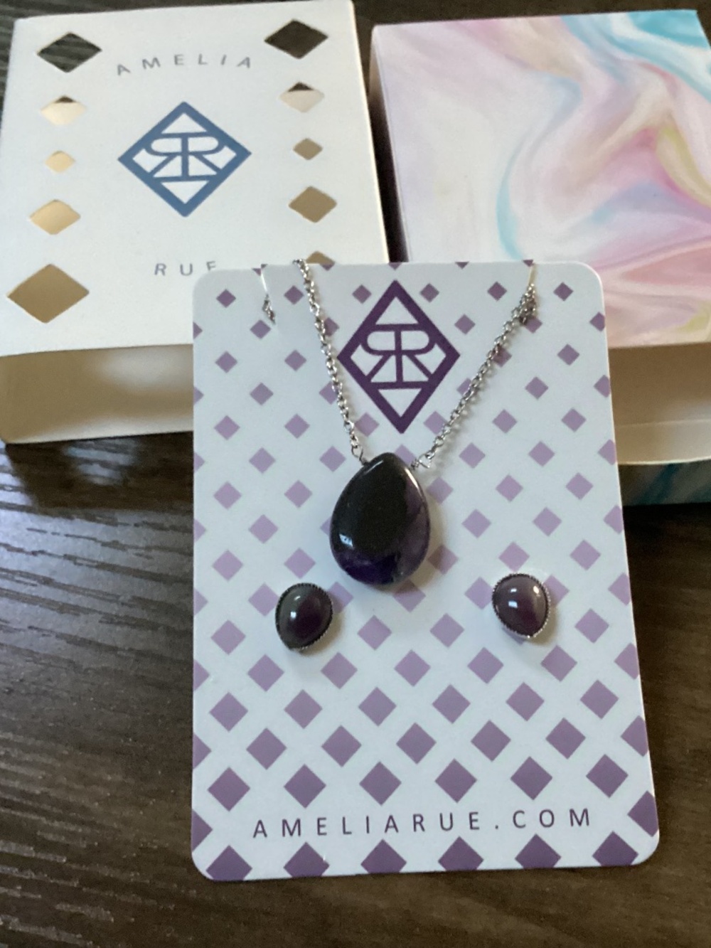 Amelia Rue Amethyst Necklace and Earrings Set New without tag
